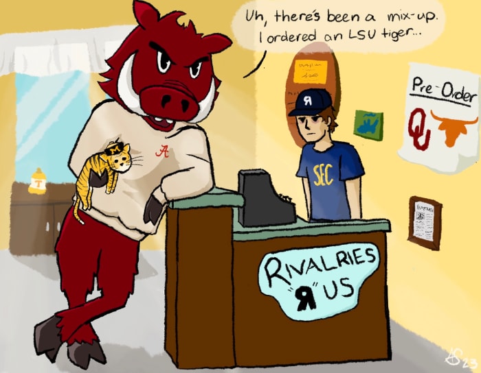 Cartoon showing Arkansas Razorback tries to return a Missouri Tiger for the LSU Tiger he ordered at the Rivalries R Us store.